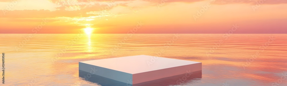 A podium resting on a still ocean, reflecting the hues of a mesmerizing sunset.
