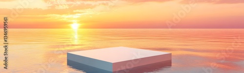A podium resting on a still ocean, reflecting the hues of a mesmerizing sunset.