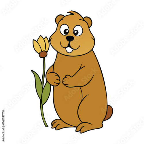A cheerful cartoon groundhog holding its first spring flower, with bright eyes and a big smile, celebrating the arrival of the season with a colorful bloom in its paws.
