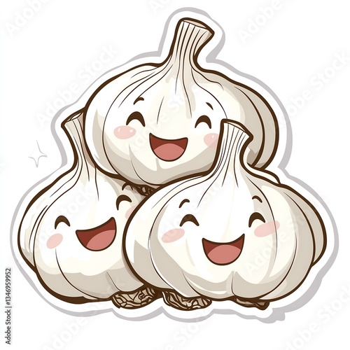 cute three happy garlic friends cartoon sticker character drawing illustration, vegetable icon, white background