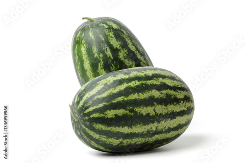 Two full watermelons placed side by side. isolated on white background.