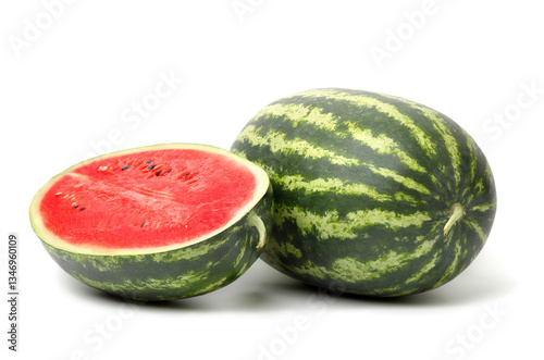 Halved watermelon and whole watermelon. isolated on white background.