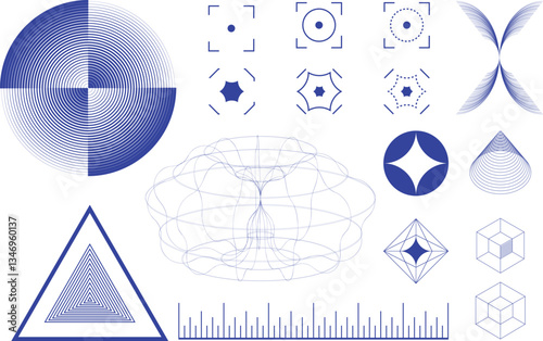 Circular, triangular, and cube-like geometric elements combined with fluid scientific structures, reflecting symmetry and balance. Science. Modern aesthetics, minimalist art. Vector design.