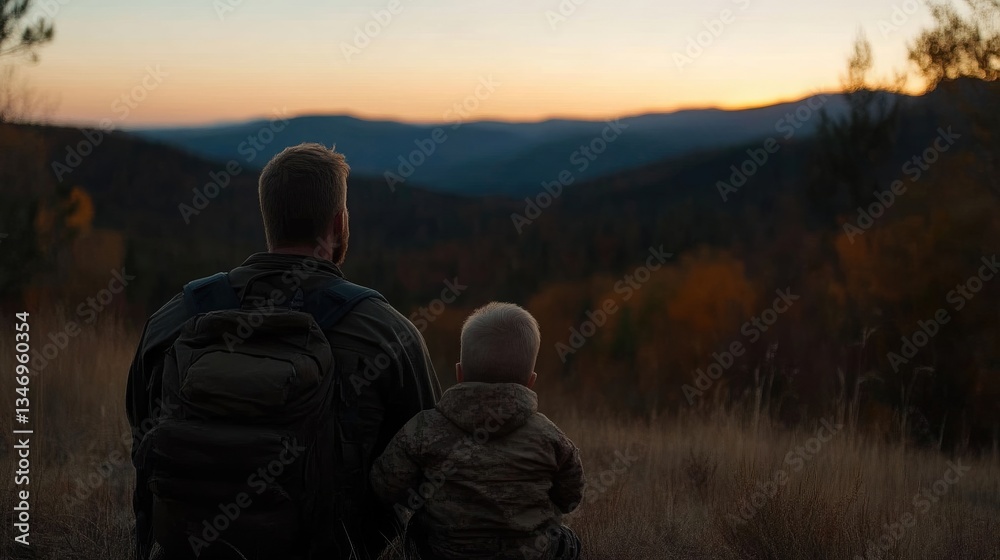 Father and son enjoying a scenic mountain sunset Father and son enjoying a scenic mountain sunset
