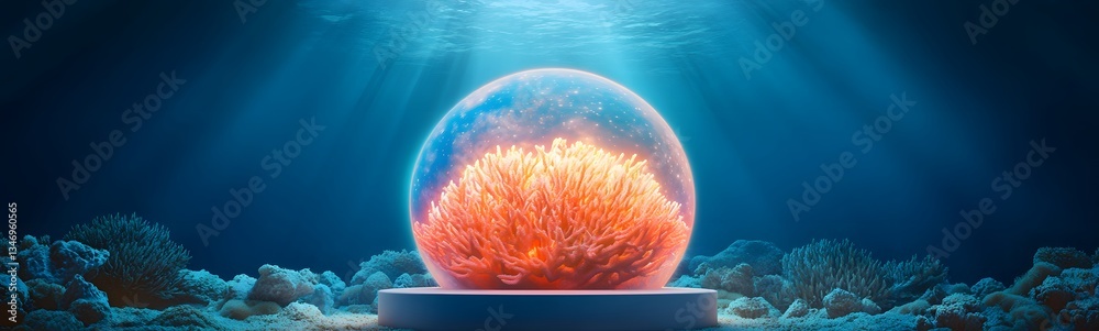An underwater coral podium glowing with bioluminescent light in a deep-sea setting.