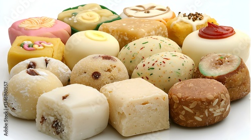 Colorful Assorted Indian Sweets on a White Background Display