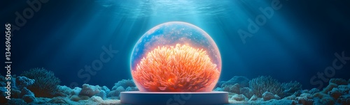 Obraz na płótnie An underwater coral podium glowing with bioluminescent light in a deep-sea setting. w salonie