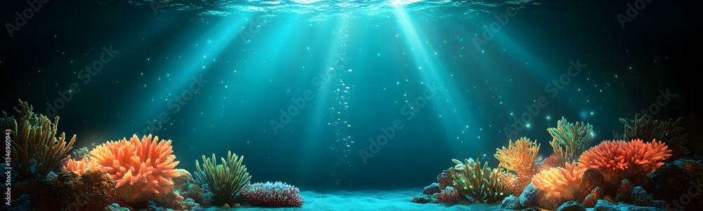An underwater coral podium glowing with bioluminescent light in a deep-sea setting.