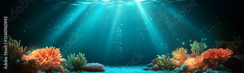 Obraz na płótnie An underwater coral podium glowing with bioluminescent light in a deep-sea setting. w salonie