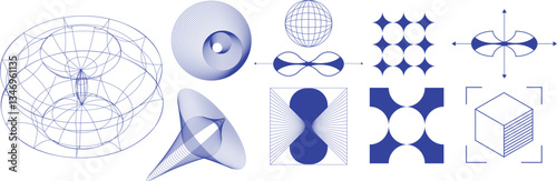 Vector design, futuristic graphics. Composition of toroidal and spiraling structures alongside abstract mathematical symbols, representing dynamics. Science. Modern aesthetics, minimalist art.