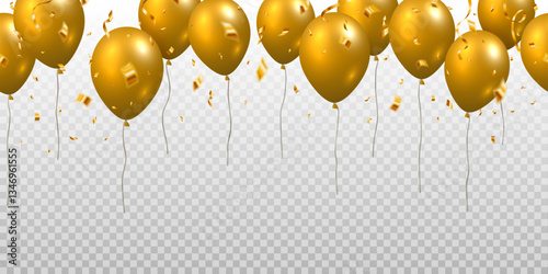 Beautiful celebration party seamless vector with golden falling confetti and flying balloons on transparent background.