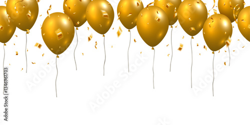 Beautiful celebration party seamless vector with golden falling confetti and flying balloons on white background.