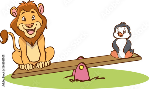 lion and penguin on seesaw.vector drawing for heavy and light concept