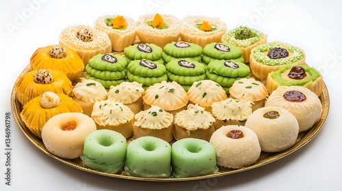 Assorted Colorful Indian Sweets on Traditional Gold Platter