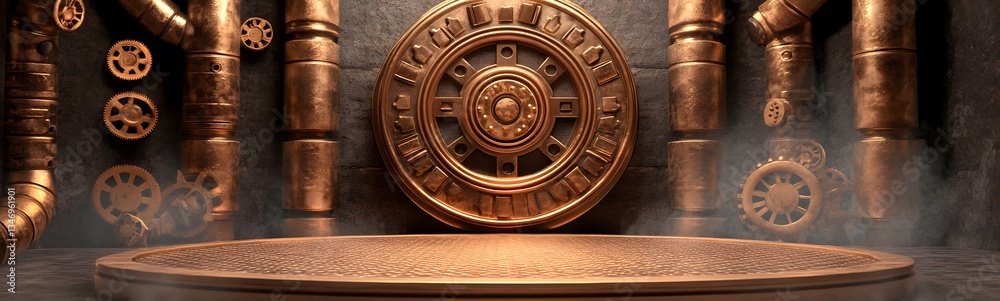 A steampunk-inspired podium made of brass, gears, and steam vents, set in an industrial world.