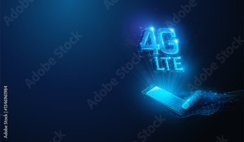 Low Poly 4G LTE Mobile Network over Smartphone in Hand. Abstract geometric illustration on fourth generation wireless communication hardware technology concept by wireframe mesh on blue background