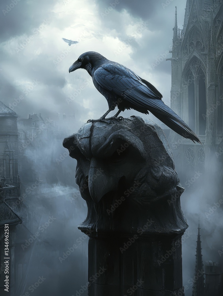 Fototapeta premium Raven perched atop stone sculpture, gothic landscape