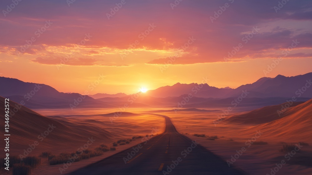 Fototapeta premium Endless Highway at Sunset Through Desert Landscape