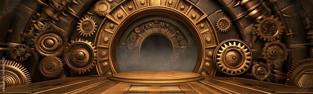 A steampunk-inspired podium made of brass, gears, and steam vents, set in an industrial world.
