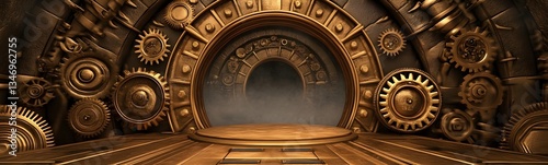 Obraz na płótnie A steampunk-inspired podium made of brass, gears, and steam vents, set in an industrial world. w salonie
