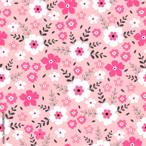 Seamless pattern with pink and white flower blossom garden on pink background. Cute hand drawn floral pattern for your fabric, summer background, wallpaper, textile.