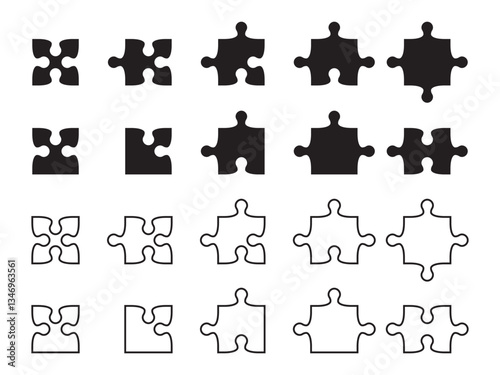 Various jigsaw puzzle pieces displayed in black and white with different shapes