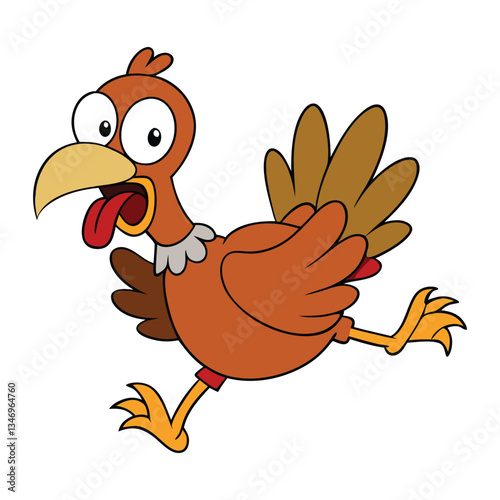 A cartoon turkey with wide eyes, feathers puffed out, and wings flapping frantically, running in panic, trying to escape from an unseen threat.