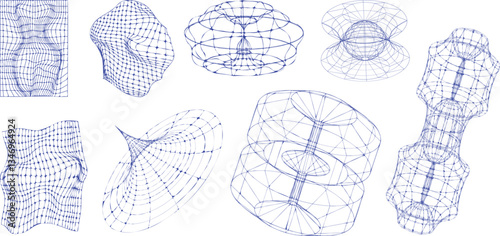 Vector design. Mathematical wireframe structures resembling organic surfaces and scientific models, creating intricate visual depth. Science. Minimalist art. Futuristic abstract concept.