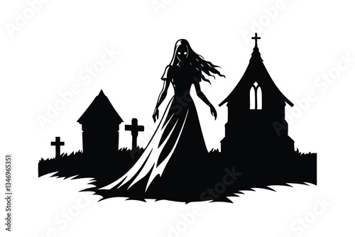 Silhouette art illustration of a ghostly bride in a tattered wedding dress.eps