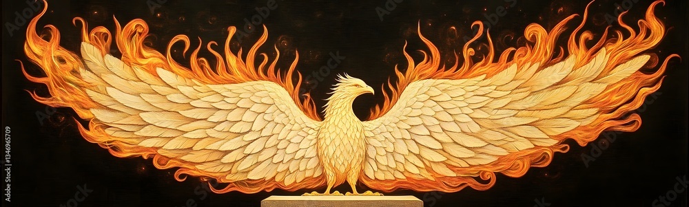 A phoenix-feather podium burning with golden and red mystical flames.