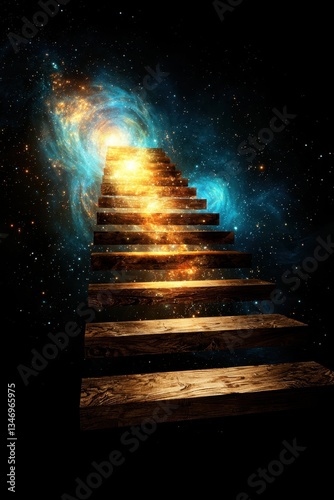 A cosmic staircase leads to a glowing galaxy, blending elements of wonder and mystery in a starry, dark space.