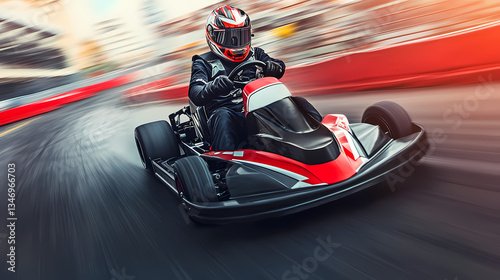 Go-karting Thrill: A lone driver navigates a high-speed go-kart around a winding racetrack. the image captures the excitement and adrenaline of a competitive karting experience.
