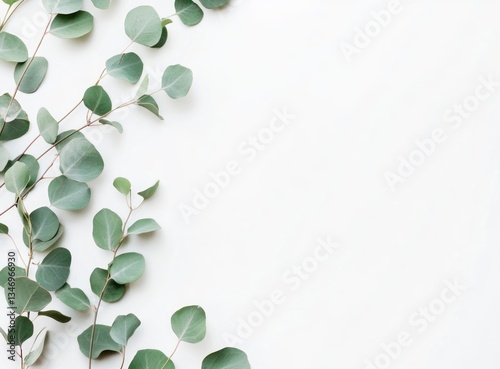 Eucalyptus Leaves Arranged on White Background Creating a Minimalist Style Layout