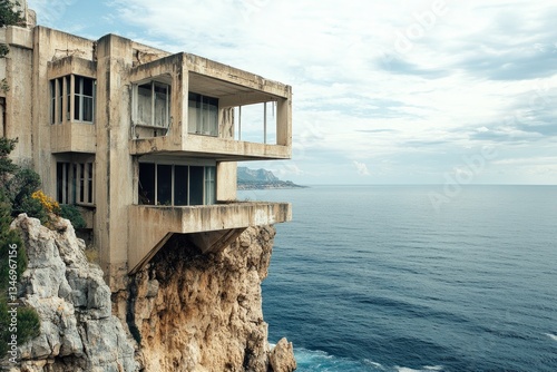 Cliffside concrete structure overlooking the sea.  A weathered, modern, architectural marvel perched precariously on a rugged cliff, overlooking the vast expanse of the ocean photo