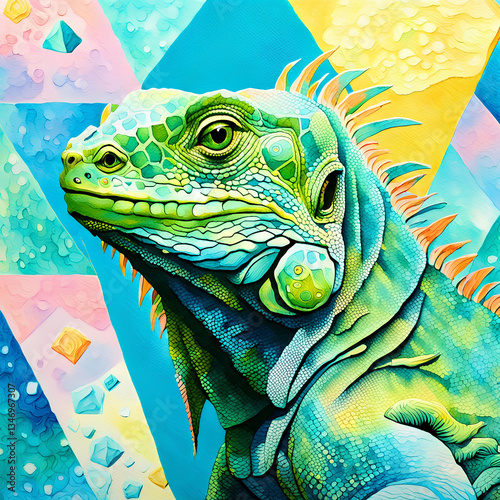 A schematic close-up of a pretty scaly iguana in a pastel-colored geometric pattern background