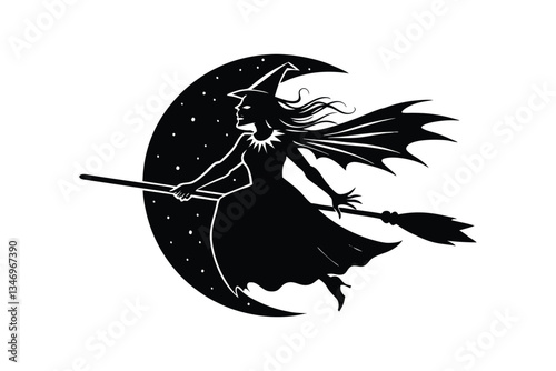 Silhouette art illustration of a sinister witch flying on a broomstick against a full moon.eps