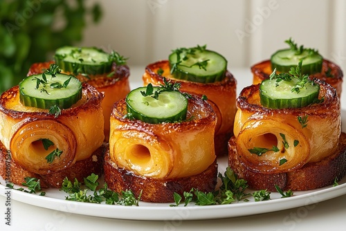 Golden Brown Rolled Potato Appetizers with Cucumber Garnish