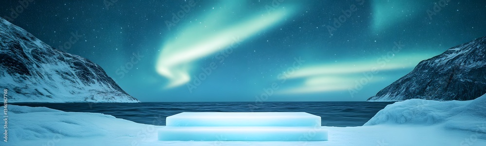 A frozen podium sculpted from ice, glowing under the ethereal northern lights.