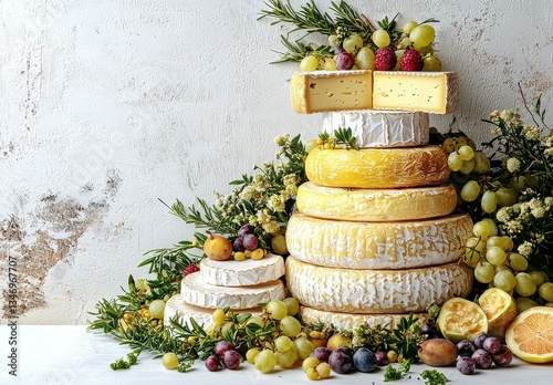 Gourmet Cheese Assortment with Grapes and Herbs on White Background