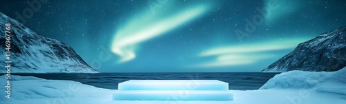 Obraz na płótnie A frozen podium sculpted from ice, glowing under the ethereal northern lights. w salonie