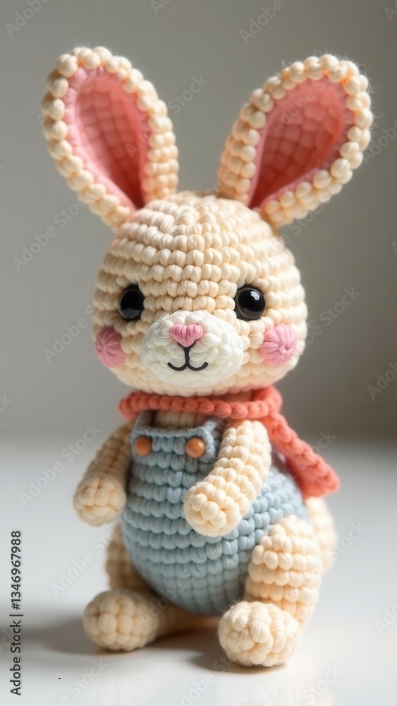 This adorable rabbit toy showcases intricate crochet work featuring light brown fur and a blue outfit. It's posed in a playful manner radiating charm and warmth. This adorable rabbit toy showcases intricate crochet work featuring light brown fur and a blue outfit. It's posed in a playful manner radiating charm and warmth.