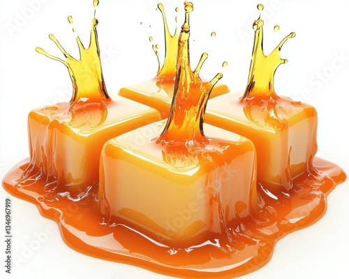 Golden Caramel Candy Cubes with Splashing Syrup