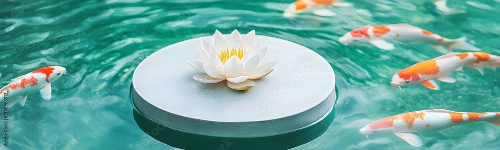 A lotus-shaped podium floating on a tranquil lake, surrounded by koi fish.