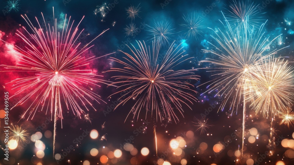 Fototapeta premium Vibrant fireworks explode across a celebratory New Year s background