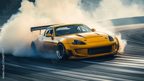 Power Slide: A vivid, high-octane image captures a yellow sports car executing a dynamic power slide, billowing smoke in a display of speed and controlled chaos.