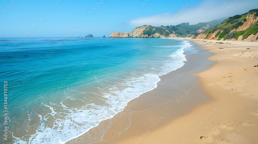 Obraz premium Scenic coastal beach gentle ocean waves soft sandy foreground and space for branding