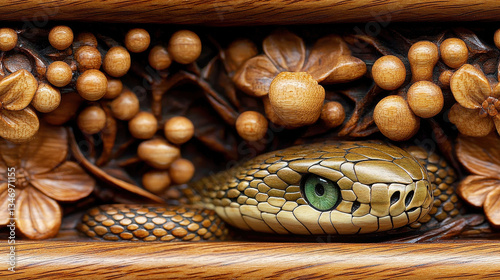 Close Up of Intricate Wood Carving Depicting a Brown Snake with Green Eyes Among Flowers and Berries