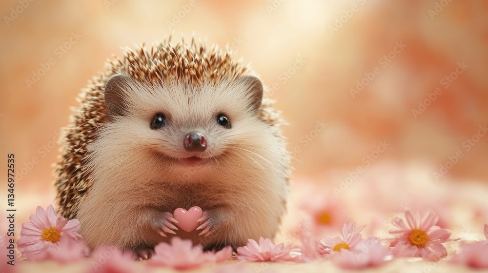 A chubby hedgehog with tiny heart-shaped spikes, smiling adorably, on a pastel peach background A chubby hedgehog with tiny heart-shaped spikes, smiling adorably, on a pastel peach background