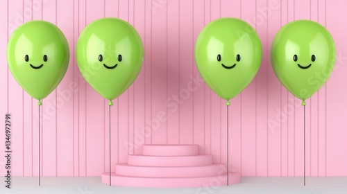 Green balloons ascend in a poetic stop-motion sequence, floating gracefully up the stairs in a minimalist city corner, with cool, angular architectural details framing the serene moment. , Minimalism