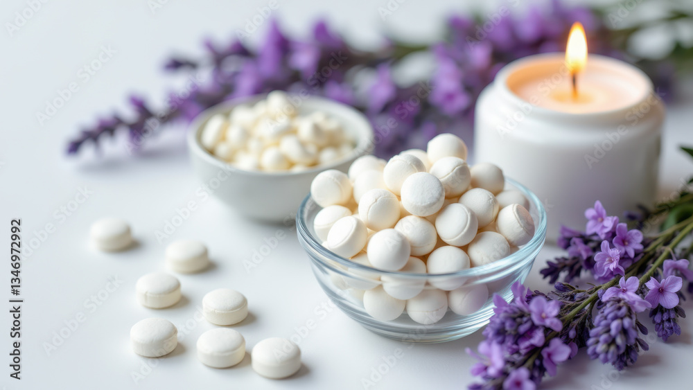 Magnesium Glycinate dietary supplements on a white surface with lavender flowers and tea light candle. Magnesium Glycinate dietary supplements on a white surface with lavender flowers and tea light candle.